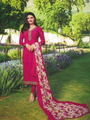 Bright And Visually Appealing Color Is Here With This Designer Straight Suit In Rani Pink Color Paired With Off-White And Rani Pink Colored Dupatta. Its Top Is Crepe Based Paired With Santoon Bottom And Chiffon Dupatta. Buy Now.