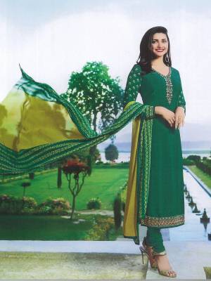 Celebrate This Festive Seaosn Wearing This Beautiful Designer Straight Suit In Green Color Paired With Pear Green Colored Dupatta, Its Top IS Crepe Fabricated Paired With Santoon Bottom And Chiffon Dupatta. Buy Now.