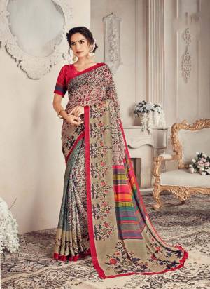 Go Colorful With This Very Pretty Multi Colored Saree Paired With Red Colored Blouse. This Saree Is Georgette Based Beautified With Small And Bold Prints All Over It. Buy Now.