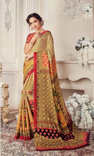 Simple Saree Is Here For Your Semi-Casuals. Grab This Saree In Beige Color Paired With Red Colored Blouse. This Saree And Blouse Are Fabricated On Georgette Beautified With Prints. 
