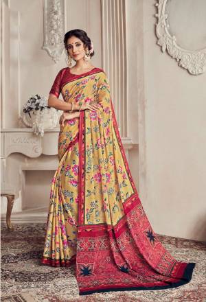 Celebrate This Festive Season With Beauty And Comfort Wearing This Georgette Based Saree In Yellow Color Paired With Contrasting Dark Pink Colored Blouse. It Is Light In Weight And Easy To Carry All Day Long. 