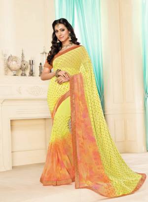 Celebrate This Festive Season Wearing This Yellow And Orange Colored Saree Paired With Orange Colored Blouse. This Saree Is Fabricated On Georgette Paired With Brocade Fabricated Blouse. Grab This Now.