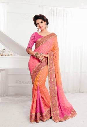 Bright And Visually Appealing Color Is Here With this Designer Saree In Pink And Orange Color Paired With Orange Colored Blouse. This Saree Is Georgette Based Paired With Brocade Fabricated Blouse. Buy Now.