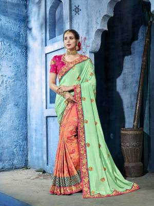 Go Colorful Wearing This Designer Saree In Light Green And Dark Peach Color Paired With Dark Pink Colored Blouse. This Saree Is Jacquard Silk And Soft Silk Based Paired With Art Silk Fabricated Blouse. It Is Durable And Easy To Carry Throughout The Gala.