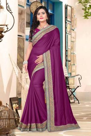 Grab This Beautiful Designer Saree In Purple Color Paired with Purple Colored Blouse. This Saree And Blouse Are Silk Baased Beautified With Heavy Embroidered Lace Border And Blouse. Also Its Silk Fabric Gives A Rich Look To Your Personality. 