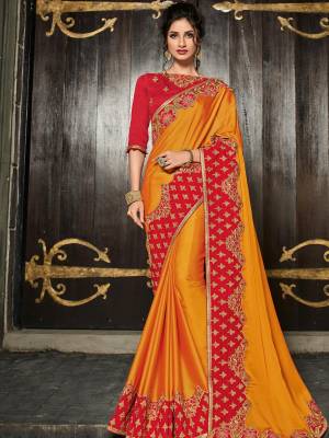 Presenting This orange color bright georgette saree. Ideal for party, festive & social gatherings. this gorgeous saree featuring a beautiful mix of designs. Its attractive color and designer heavy embroidered design, Flower patch design, zari resham work, beautiful floral design work over the attire & contrast hemline adds to the look. Comes along with a contrast unstitched blouse.