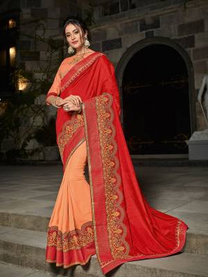 Flaunt a new ethnic look wearing this red and Peach color silk fabrics saree. Ideal for party, festive & social gatherings. this gorgeous saree featuring a beautiful mix of designs. Its attractive color and designer heavy embroidered design, Flower patch design, zari resham work, stone design, beautiful floral design work over the attire & contrast hemline adds to the look. Comes along with a contrast unstitched blouse.