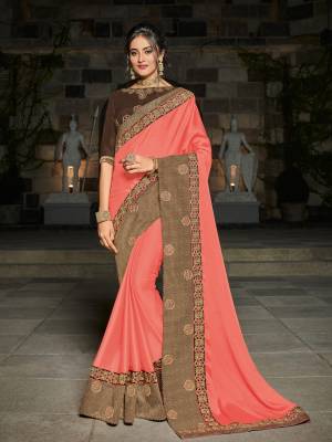 Classy, sensuous and versatile are the perfect words to describe this Dark Peach color bright georgette saree. Ideal for party, festive & social gatherings. this gorgeous saree featuring a beautiful mix of designs. Its attractive color and designer heavy embroidered design, Flower patch design, zari resham work, stone design, beautiful floral design work over the attire & contrast hemline adds to the look. Comes along with a contrast unstitched blouse.