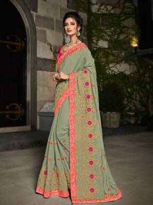The fabulous pattern makes this Mit Green color silk fabrics saree. Ideal for party, festive & social gatherings. this gorgeous saree featuring a beautiful mix of designs. Its attractive color and designer heavy embroidered design, Flower patch design, zari resham work, stone design, beautiful floral design work over the attire & contrast hemline adds to the look. Comes along with a contrast unstitched blouse.