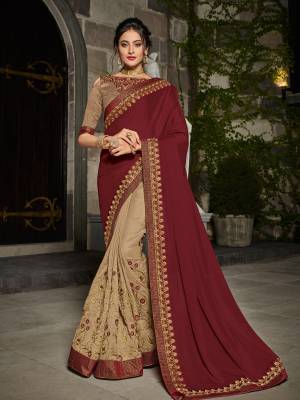 Get this amazing saree and look pretty like never before. wearing this maroon and beige color bright georgette and silk fabrics saree. Ideal for party, festive & social gatherings. this gorgeous saree featuring a beautiful mix of designs. Its attractive color and designer heavy embroidered design, Flower patch design, zari resham work, stone design, beautiful floral design work over the attire & contrast hemline adds to the look. Comes along with a contrast unstitched blouse.