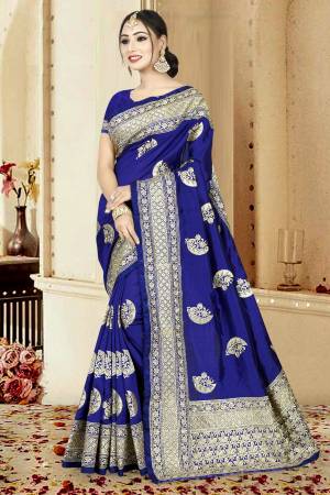 Shine Bright Wearing This Designer Royal Blue Colored Saree Paired With Royal Blue Colored Blouse. This Saree And Blouse Are Fabricated On Art Silk Beautified With Jari Embroidery And Stone Work.