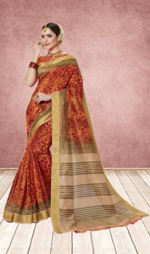 Shine Bright Wearing This Saree In Orange Color Paired With Orange Colored Blouse. This Saree And Blouse Are Fabricated On Cotton Silk Beautified With Geometric Prints. This Saree Is Light Weight And Easy To Carry All Day Long.