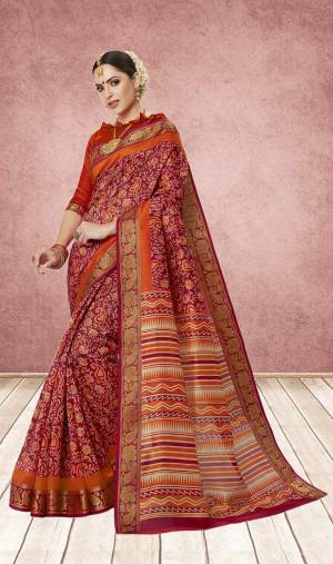 Adorn the Angelic Look Wearing This Red Colored Saree Paired With Red Colored Blouse. This Saree And Blouse Are Fabricated On Cotton Silk Beautified With Intricate Floral Prints. It Is Light In Weight And Eays To Carry all Day Long.