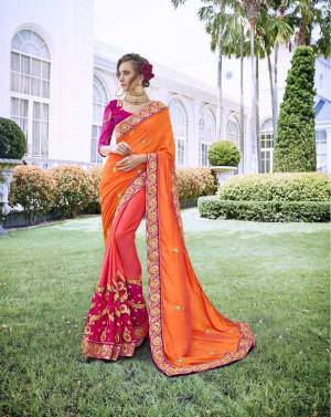 This Lovely Pink And Orange Ombre Effect Saree Is The Most Beautiful Thing That Can Happen To You.Gorgeous Saree Is Fabricated In Satin Silk And Pink Colored Banglori Silk Blouse.It Is Lovely And Comfortable Beautifull Collection. Bring It On And Pose With Attitude As You Look Stunning Wearing This Saree. Buy Now. 