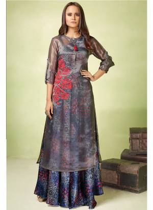 Enhance Your Personality Wearing This Designer Readymade Gown In Blue And Grey Color Paired With Grey Colored Top. This Gown IS Fabricated On Printed Satin Paired With Orgenza Fabricated Embroidered Top. 