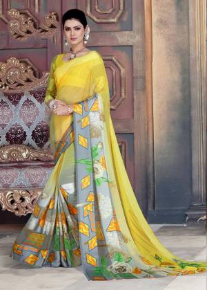 Look Attractive In This Pretty Yellow Colored Saree Paired With Yellow Colored Blouse. This Saree Is Georgette Based With Satin Patta And Bold Prints Over It. Buy Now.