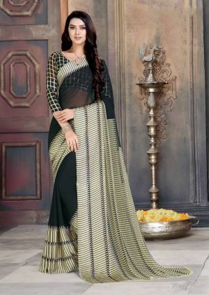 For A Rich and Elegant Look, Grab This Saree In Black And Cream Color Paired With Black And Cream Colored Blouse. This Saree And Blouse Are Georgette Based Beautified With Minimal Prints And Satin Patta.