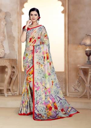Go Floral With This Pretty Saree In White And Multi Color Paired With Red Colored Blouse. This Saree And Blouse Are Satin Georgette Based Beautified with Floral Prints All Over It.