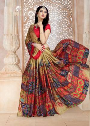 For Your Semi-Casual Wear, Grab This Saree In Beige And Multi Color Paired With Red Colored Blouse. This Saree And Blouse are Fabricated On Satin Georgette Beautified With Prints All Over. 