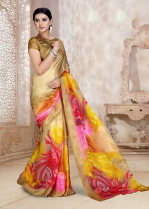 Simple And Elegant Looking Printed Saree In Here In Beige And Pink Color Paired With Beige Colored Blouse. This Saree and Blouse Are Satin Georgette Based Beautified with Bold Floral Prints. 