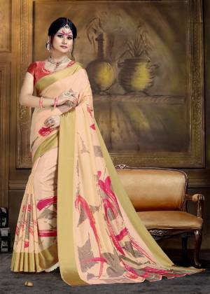 Look Pretty Draping This Lovely Light Peach Colored Saree Paired With Orange Colored Blouse. This Saree And Blouse Are Fabricated On Art Silk Beautified With Abstract Prints. Buy Now.