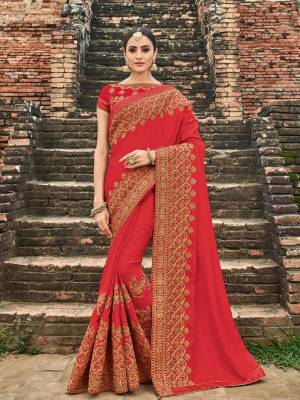 All the Fashionable women will surely like to step out in style wearing this red color silk fabrics saree. this gorgeous saree featuring a beautiful mix of designs. look gorgeous at an upcoming any occasion wearing the saree. Its attractive color and designer heavy embroidered design, zari design work, attactive stone and gotta design, beautiful floral design all over in saree work over the attire & contrast hemline adds to the look. Comes along with a contrast unstitched blouse.