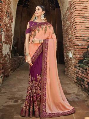 Flaunt a new ethnic look wearing this peach and Dark purple color two tone silk and silk fabrics saree. this party wear saree won't fail to impress everyone around you. this gorgeous saree featuring a beautiful mix of designs. Its attractive color and designer heavy embroidered design, zari design work, patch design, attactive stone and gotta design, beautiful floral design all over in saree work over the attire & contrast hemline adds to the look. Comes along with a contrast unstitched blouse.