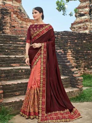 Presenting this maroon and Dark peach color two tone silk saree. look gorgeous at an upcoming any occasion wearing the saree. this party wear saree won't fail to impress everyone around you. Its attractive color and designer heavy embroidered design, zari design work, patch design, attactive stone design, beautiful floral design all over in saree work over the attire & contrast hemline adds to the look. Comes along with a contrast unstitched blouse.