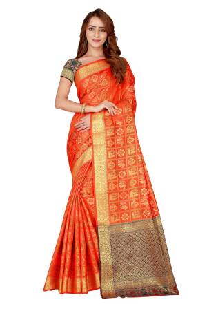 Celebrate This This Festive Season With This Designer Silk Based Saree In Orange Color Paired With Contrasting Multi Colored Blouse. This Saree And Blouse Are Fabricated On Kanjivaram Art Silk Beautified With Weave All over It.