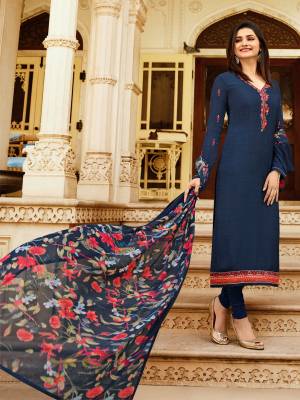 Enhance Your Personality Wearing This Designer Straight Suit In Navy Blue Color Paired With Navy Blue Colored Bottom and Dupatta. Its Top Is Fabricated On Crepe Paired With Santoon Bottom And Chiffon Dupatta. All Its Fabrics Ensures Superb Comfort All Day Long. 
