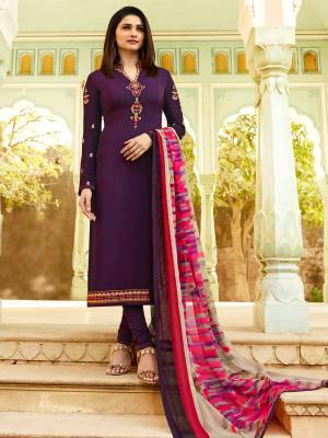 Bright And Visually Appealing Color Is Here With This Designer Straight Suit In Purple Color Paired With Multi Colored Dupatta. Its Top Is Fabricated On Crepe Paired With Santoon Bottom And Chiffon Dupatta. Buy It Now.
