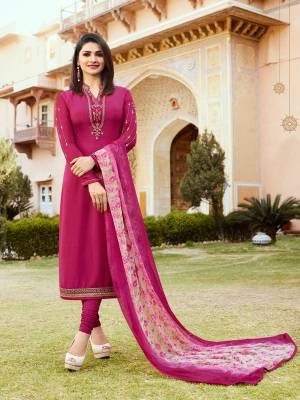 Shine Bright In This Beautiful And Attractive Dark Pink Colored Designer Straight Suit Paired With Dark Pink And White Colored Dupatta. Its Top Is Fabricated On Crepe Paired With Santoon Bottom And Chiffon Dupatta. 