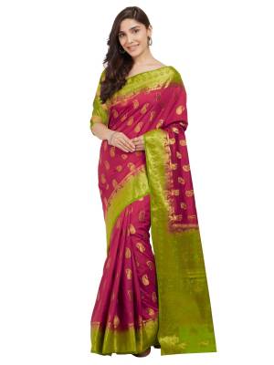 Attract All Wearing This Beautiful Rani Pink And Parrot Green Colored Saree Paired With Parrot Green Colored Blouse. This Saree And Blouse Are Fabricated On Nylon Silk Beautified With Weave All Over. Get This Bright Looking Saree Now.