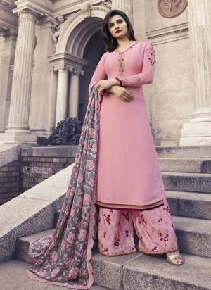 Look Very Pretty In This Designer Indo Western Suit In Light Pink Colored Top And Bottom Paired With Contrasting Grey Colored Dupatta. Its Top IS Satin Georgette Based Paired With Art Silk Lehenga And Chiffon Dupatta. 