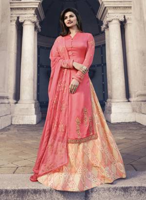 You Will Definitely Earn Lots Of Compliments Wearing This Designer Indo-Western Suit In Pink Colored Top And Dupatta Paired With Cream And Pink Colored Bottom. Its Top Is Fabricated Satin Georgette Paired With Art Silk Lehenga And Chiffon Dupatta. 