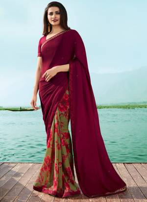 Catch All The Lime Light In This Beautiful Dark Shade With This Saree In Magenta Pink And olive Green Color Paired With Magenta Pink Colored Blouse. This Saree Is Fabricated On Georgette Paired With Art Silk Fabricated Blouse. Both The Fabrics Are Light Weight And Easy To Carry All Day Long.