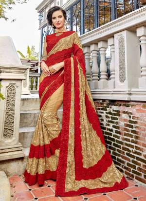 Evergreen Combination Is Here With This Heavy Designer Saree In Beige And Red Color Paired With Red  Colored Blouse. This Saree And Blouse Are Silk Based Beautified With Heavy Embroidery. 