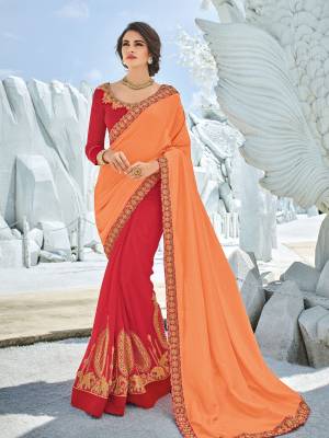 Drape this orange and red color silk fabrics and georgette saree. this gorgeous saree featuring a beautiful mix of designs. look gorgeous at an upcoming any occasion wearing the saree. Its attractive color and designer heavy embroidered design, Flower patch and elephant design design, heavy blouse design, beautiful floral design work over the attire & contrast hemline adds to the look. Comes along with a contrast unstitched blouse.