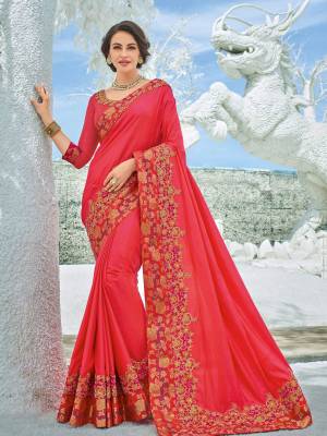Classy, sensuous and versatile are the perfect words to describe this Dark Pink color two tone silk saree. Ideal for party, festive & social gatherings. this gorgeous saree featuring a beautiful mix of designs. Its attractive color and designer heavy embroidered design, Flower patch elephant design design, heavy blouse design, beautiful floral design work over the attire & contrast hemline adds to the look. Comes along with a contrast unstitched blouse.