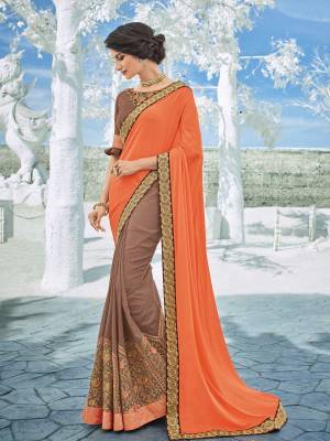 The fabulous pattern makes this orange and Sand Grey color bright georgette and silk georgette saree. Ideal for party, festive & social gatherings. this gorgeous saree featuring a beautiful mix of designs. Its attractive color and designer heavy embroidered design, Flower patch design, stone design, heavy blouse design, beautiful floral design work over the attire & contrast hemline adds to the look. Comes along with a contrast unstitched blouse.