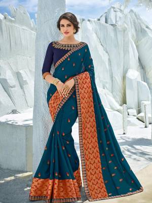 Change your wardrobe and get classier outfits like this gorgeous peacock blue color silk fabrics saree. Ideal for party, festive & social gatherings. this gorgeous saree featuring a beautiful mix of designs. Its attractive color and designer heavy embroidered design, Flower patch design, stone design, heavy blouse design, beautiful floral design work over the attire & contrast hemline adds to the look. Comes along with a contrast unstitched blouse.