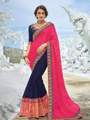 Gorgeously mesmerizing is what you will look at the next wedding gala wearing this beautiful Dark Pink And Navy Blue color georgette saree. Ideal for party, festive & social gatherings. this gorgeous saree featuring a beautiful mix of designs. Its attractive color and designer heavy embroidered design, zari design, stone and zari design, heavy blouse design, beautiful floral design work over the attire & contrast hemline adds to the look. Comes along with a contrast unstitched blouse.