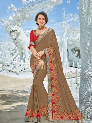 Attractively Gorgeous mesmerizing is what you will look at the next wedding gala wearing this beautiful Light Brown color bright georgette saree. Ideal for party, festive & social gatherings. this gorgeous saree featuring a beautiful mix of designs. Its attractive color and designer heavy embroidered design, Flower patch design, stone design, heavy blouse design, beautiful floral design work over the attire & contrast hemline adds to the look. Comes along with a contrast unstitched blouse.
