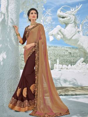 Flaunt your gorgeous look wearing this Bege And Brown color bright georgette and georgette saree. Ideal for party, festive & social gatherings. this gorgeous saree featuring a beautiful mix of designs. Its attractive color and designer heavy embroidered design, Flower patch design, stone design, heavy blouse design, half-half saree, beautiful floral design work over the attire & contrast hemline adds to the look. Comes along with a contrast unstitched blouse.