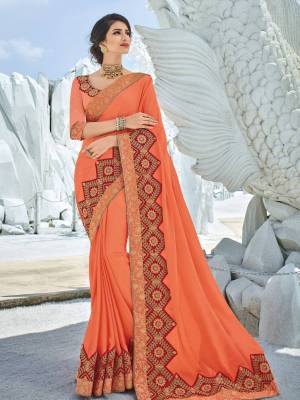 Bring out the best in you when wearing this Peach color bright georgette saree. Ideal for party, festive & social gatherings. this gorgeous saree featuring a beautiful mix of designs. Its attractive color and designer heavy embroidered design, Flower zari design, stone work, heavy designer blouse, beautiful floral design work over the attire & contrast hemline adds to the look. Comes along with a contrast unstitched blouse.