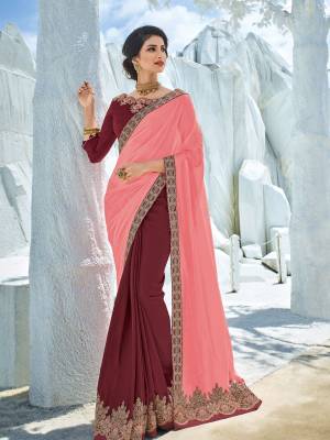 Vibrant and visually appealing, this Light Pink and maroon color bright georgette and satin silk saree. Ideal for party, festive & social gatherings. this gorgeous saree featuring a beautiful mix of designs. Its attractive color and designer heavy embroidered design, Flower zari design, heavy designer blouse, beautiful floral design work over the attire & contrast hemline adds to the look. Comes along with a contrast unstitched blouse.