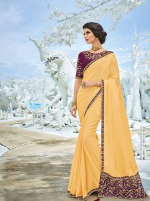 Look gorgeous in this beautiful printed Light yellow color satin silk saree. Ideal for party, festive & social gatherings. this gorgeous saree featuring a beautiful mix of designs. Its attractive color and designer heavy embroidered design, Flower zari design, stone design, heavy designer blouse, beautiful floral design work over the attire & contrast hemline adds to the look. Comes along with a contrast unstitched blouse.
