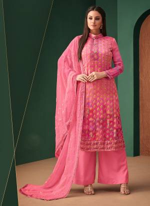 Look Pretty In This Lovely Pink Colored Straight Suit With Georgette Based Top Paired With Santoon Bottom And Chiffon Dupatta. It Is Light In Weight And Easy To Carry All Day Long. 
