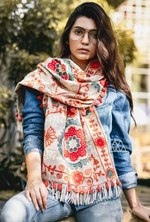 Grab This Beautiful Scarf For This Winter Which Can Be Paired With Western Or Even Kurtas. It Is Fabricated On Khadi Beautified With Woollen Thread Work. Buy Now.