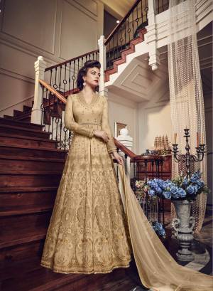 Very Pretty Looking Designer Indo-Western Suit Is Here In Beige Color Paired With Beige Colored Pant and Lehenga With Beige Dupatta. Its Top And Dupatta Are Net Fabricated Paired With Art Silk Pant And Lehenga. Buy This Designer Piece Now And Wear As Per The Occasion Pairing It With Pants Or Lehenga.